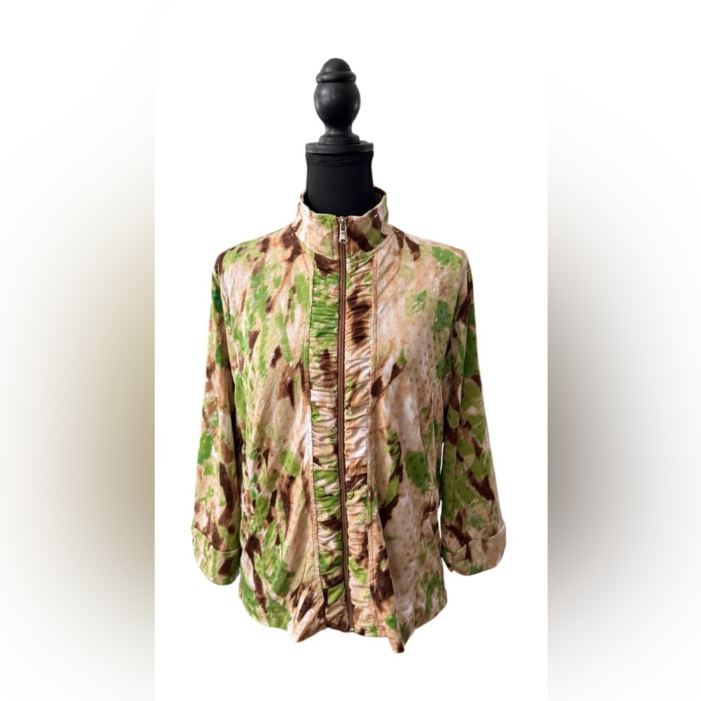 Compliments: Reptile Green and Brown Zip-Up Jacket with Rouched Pleated Details